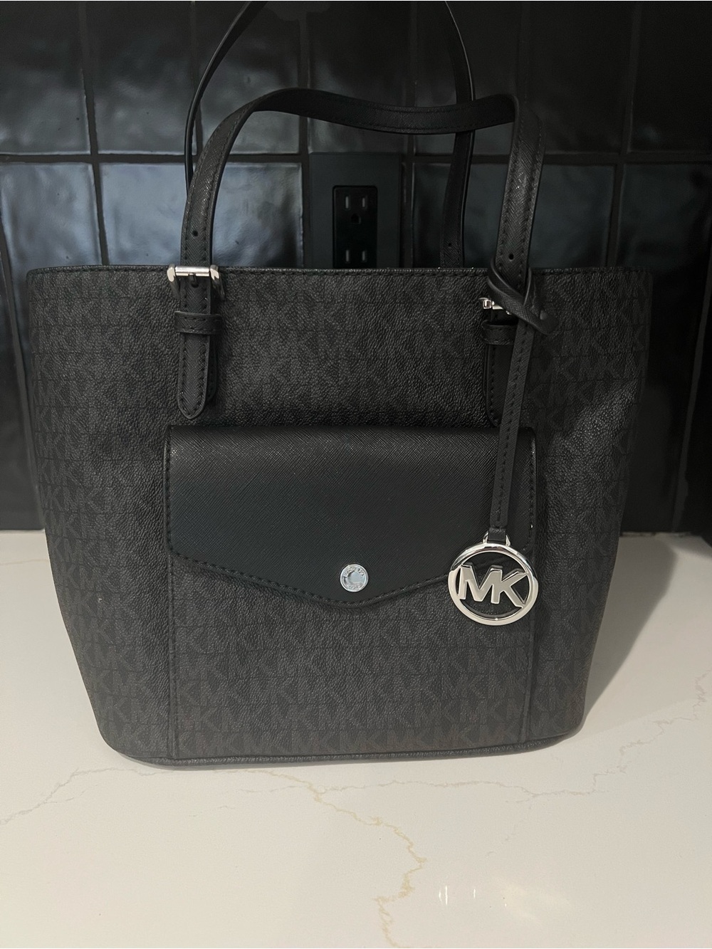 Michael Kors Black MK Logo Tote with Front Pocket and MK Charm
